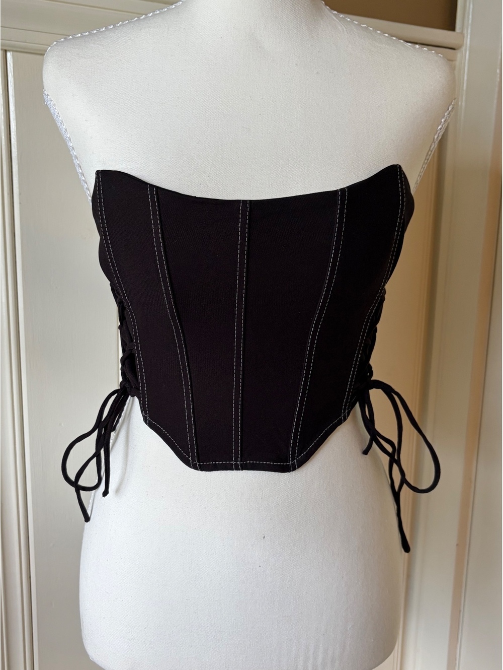 Garage Black Corset Top Size S Strapless Lace Up Contrast Stitch Y2K Bustier